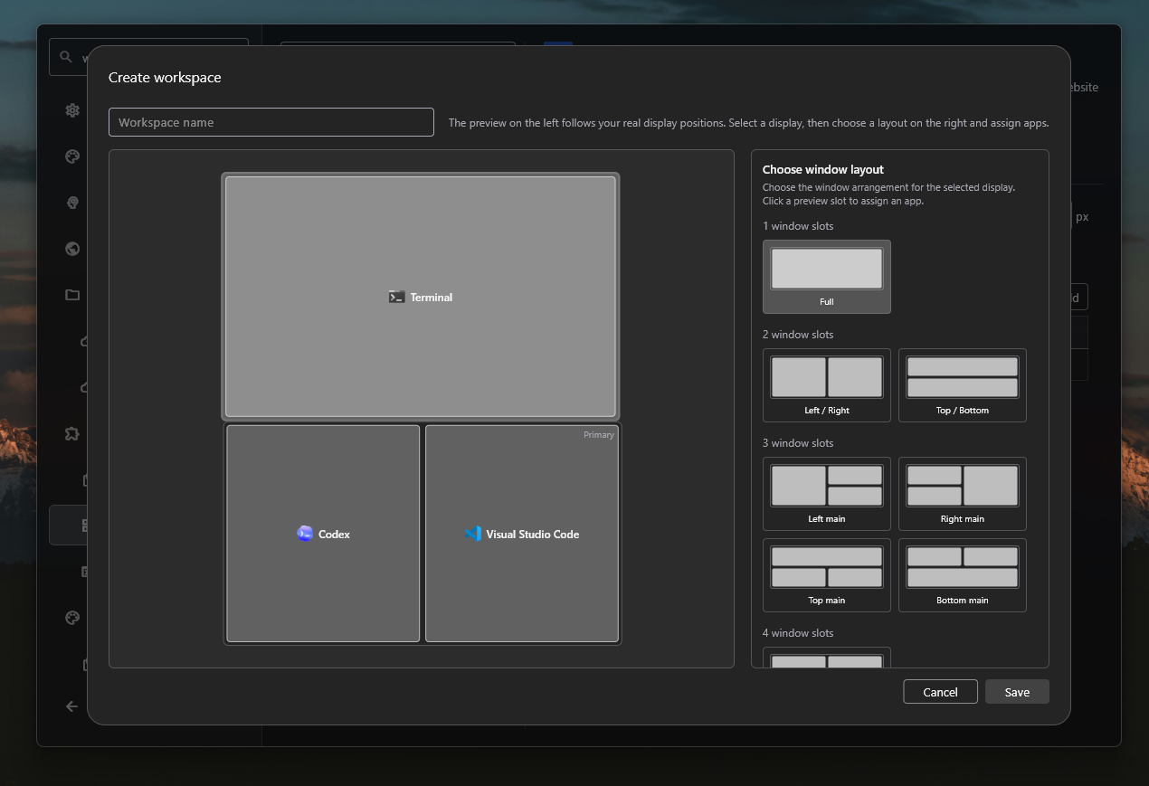 Wox workspace layout editor