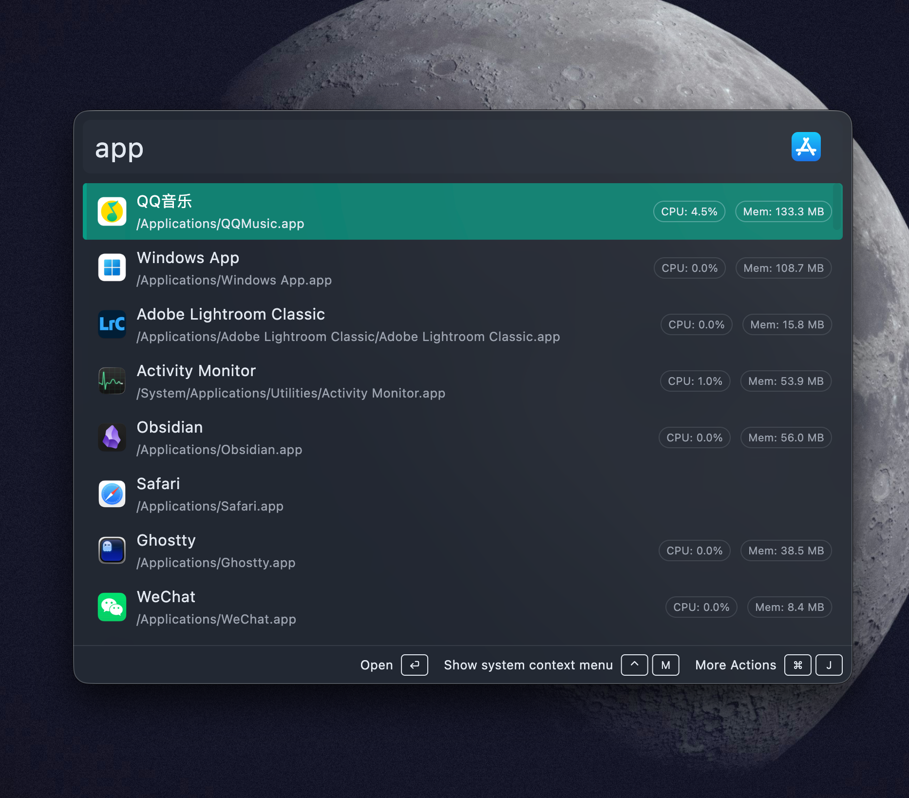 Application plugin result list